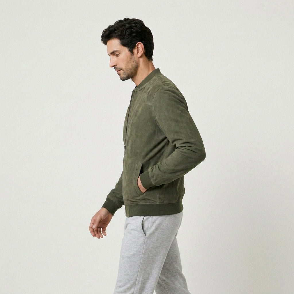 Men's washed bomber jacket in Olive | Pertenhall – side view