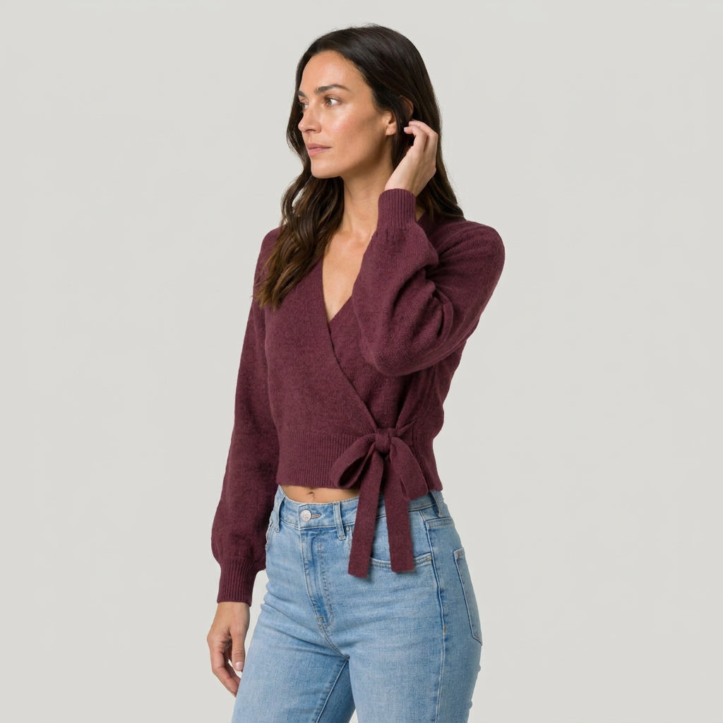 Women's wrap cardigan in Burgundy | Fittleworth – side view
