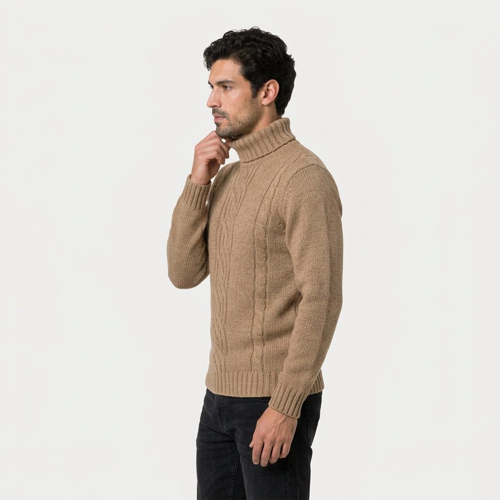 Men's cable knit roll neck jumper in Tan | Nettleden – side view
