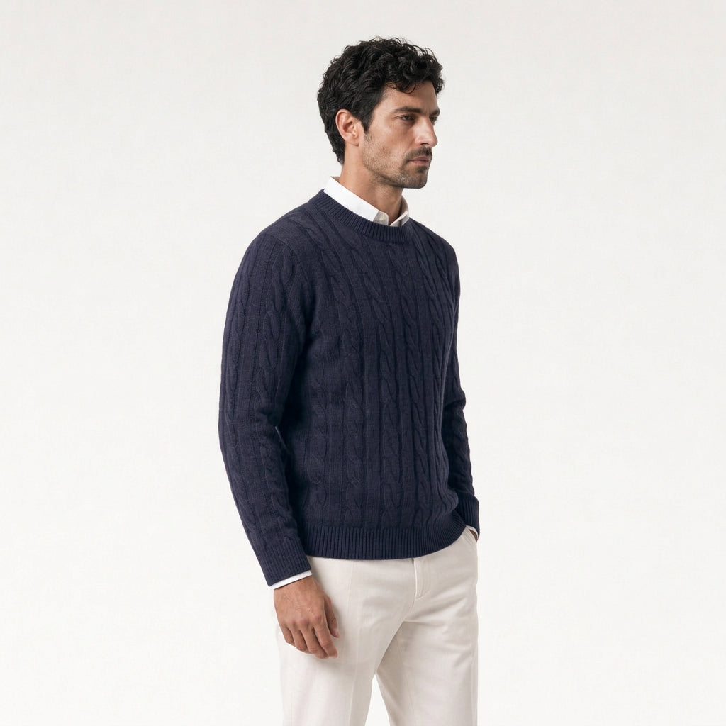 Men's cable knit crew neck jumper in Navy | Portsoy – side view
