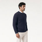 Men's cable knit crew neck jumper in Navy | Portsoy – side view