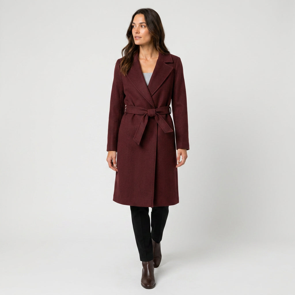 Women's Belted Wrap Coat in Burgundy | Kettleburgh – front view