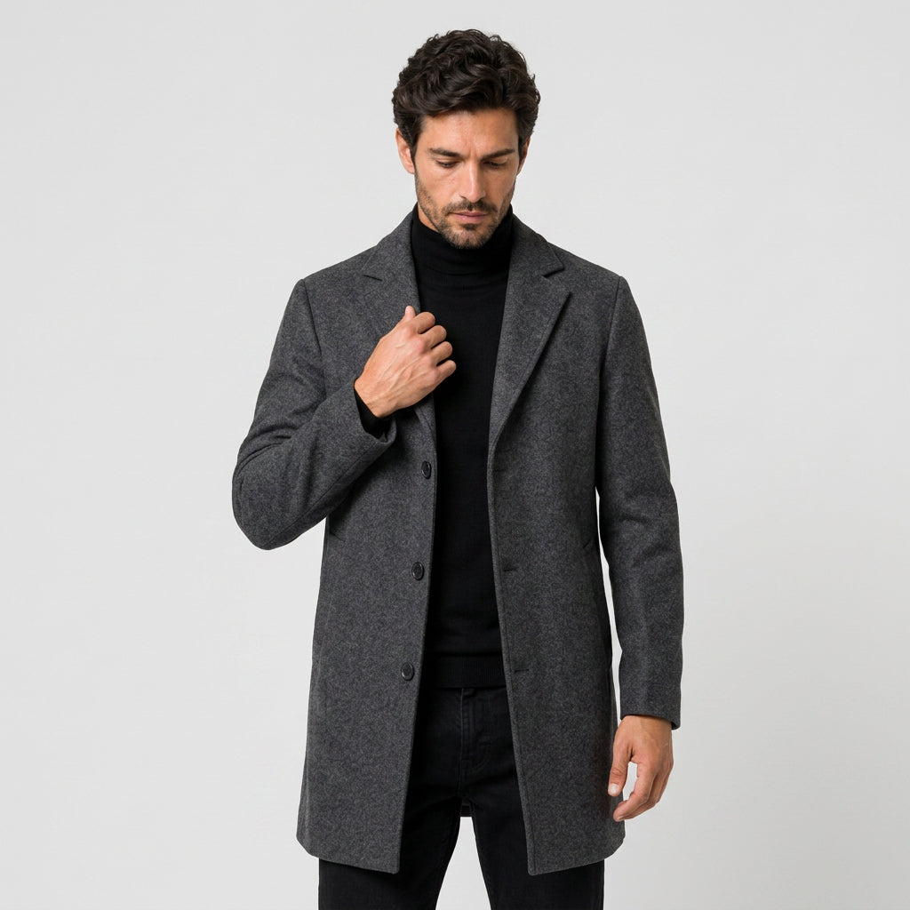 Men's Single-Breasted Overcoat in Charcoal | Tebay – front view