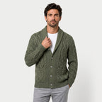 Men's shawl collar cable knit cardigan in Olive Green | Barnard – front view