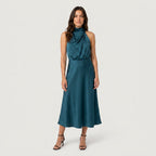 Women's satin halter midi dress in Teal | Alderholt – front view