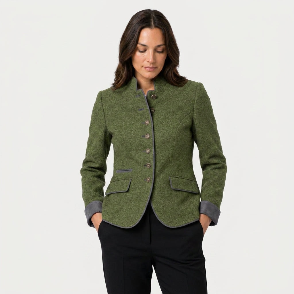 Women's stand collar blazer in Olive Green | Elsdon – front view