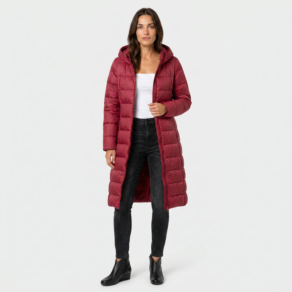 Women's Longline Puffer Coat in Red | Idbury – front view