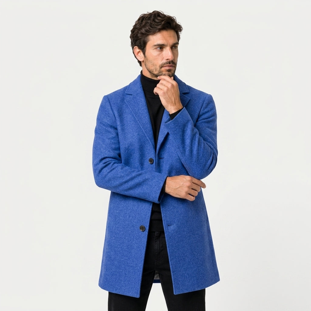Men's Single-Breasted Overcoat in Blue | Tebay – front view