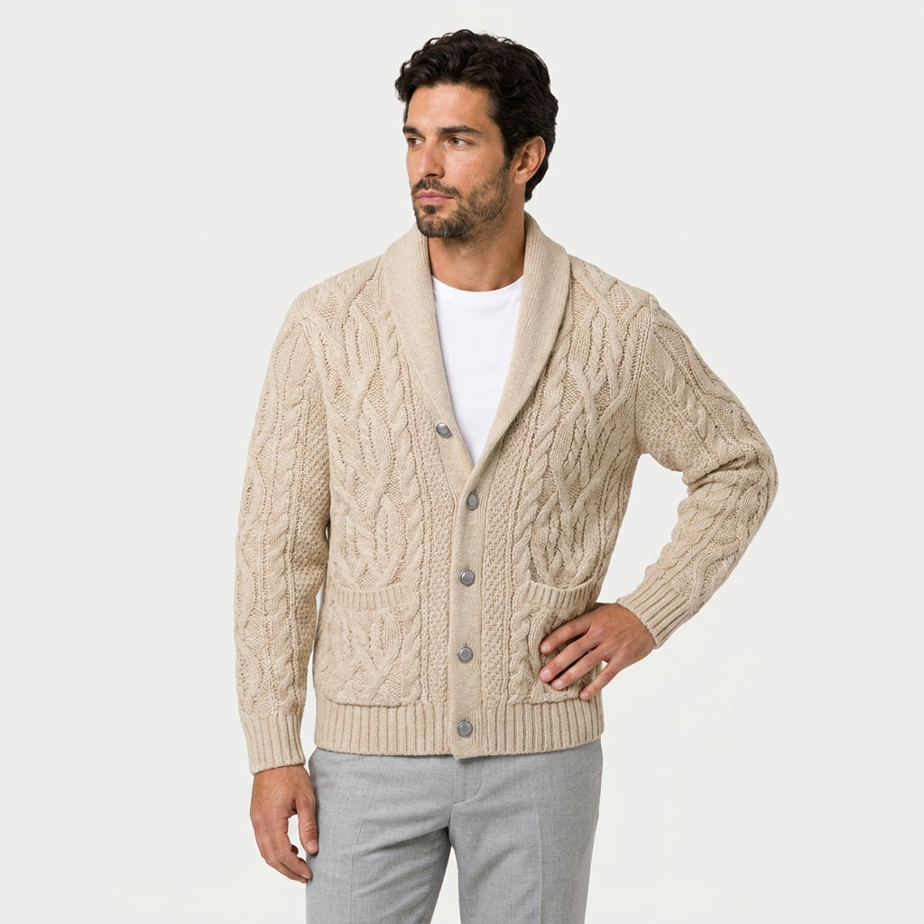 Men's shawl collar cable knit cardigan in Beige | Barnard – front view