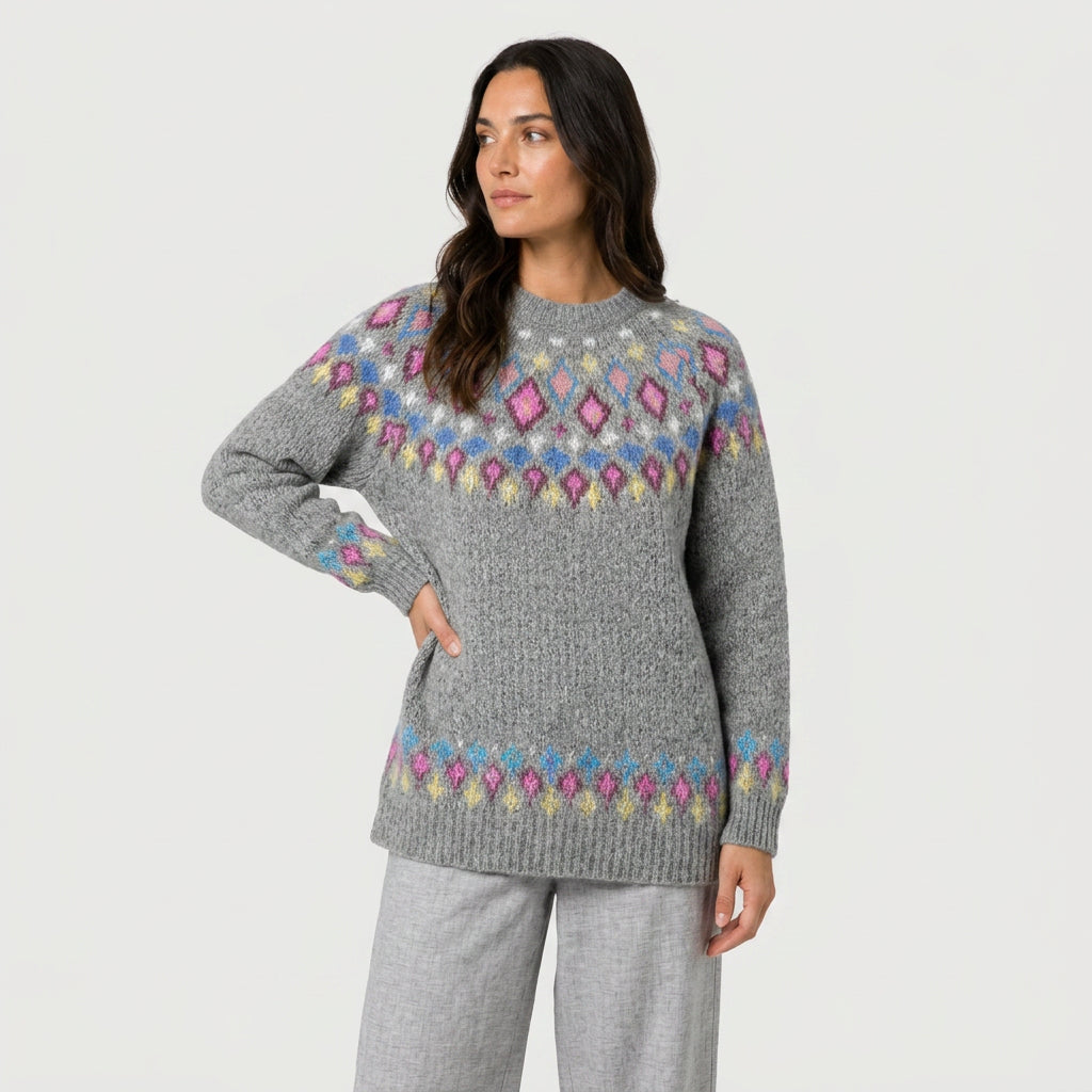 Women's Fair Isle crew neck jumper in Grey Multi | Hinderclay – front view