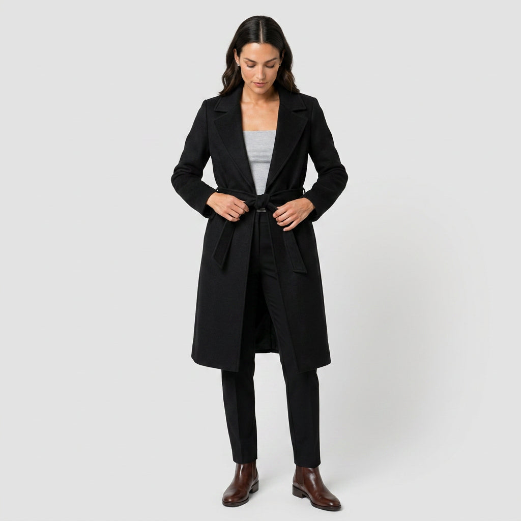 Women's Belted Wrap Coat in Black | Kettleburgh – front view