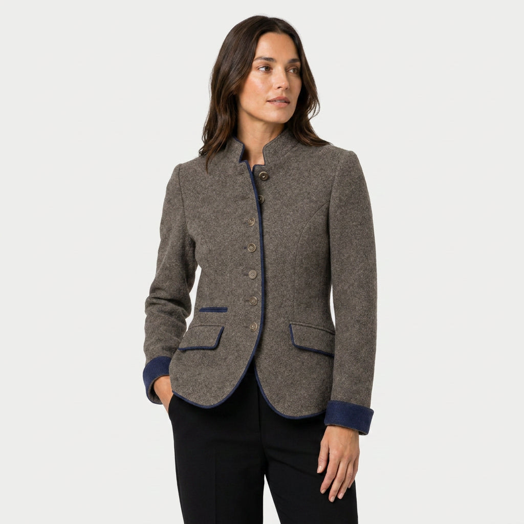 Women's stand collar blazer in Taupe | Elsdon – front view