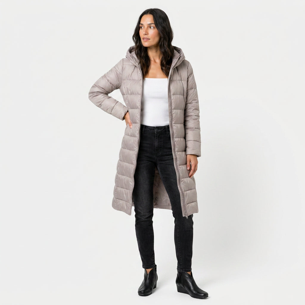 Women's Longline Puffer Coat in Stone | Idbury – front view