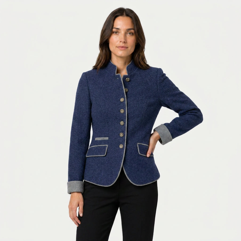 Women's stand collar blazer in Navy | Elsdon – front view