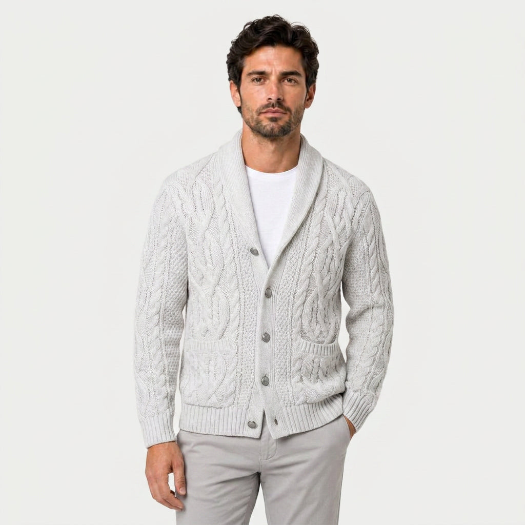 Men's shawl collar cable knit cardigan in White | Barnard – front view