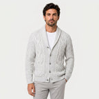 Men's shawl collar cable knit cardigan in White | Barnard – front view