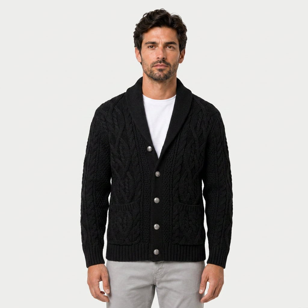Men's shawl collar cable knit cardigan in Black | Barnard – front view
