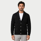 Men's shawl collar cable knit cardigan in Black | Barnard – front view