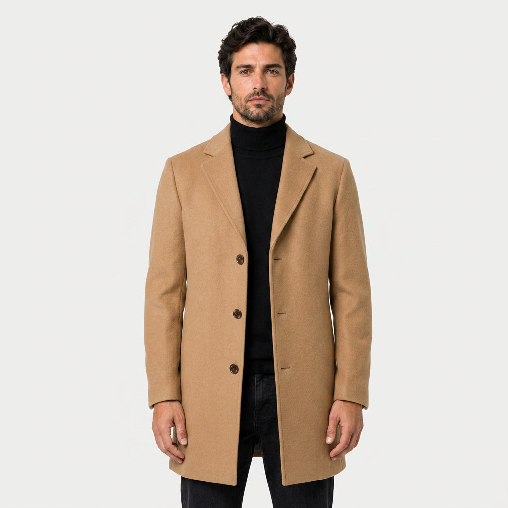 Men's Single-Breasted Overcoat in Camel | Tebay – front view