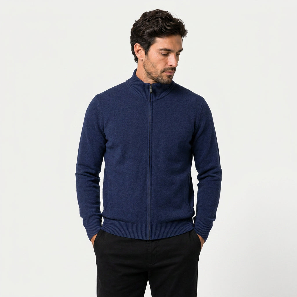 Men's full-zip wool-blend cardigan in Navy | Nunnington – front view