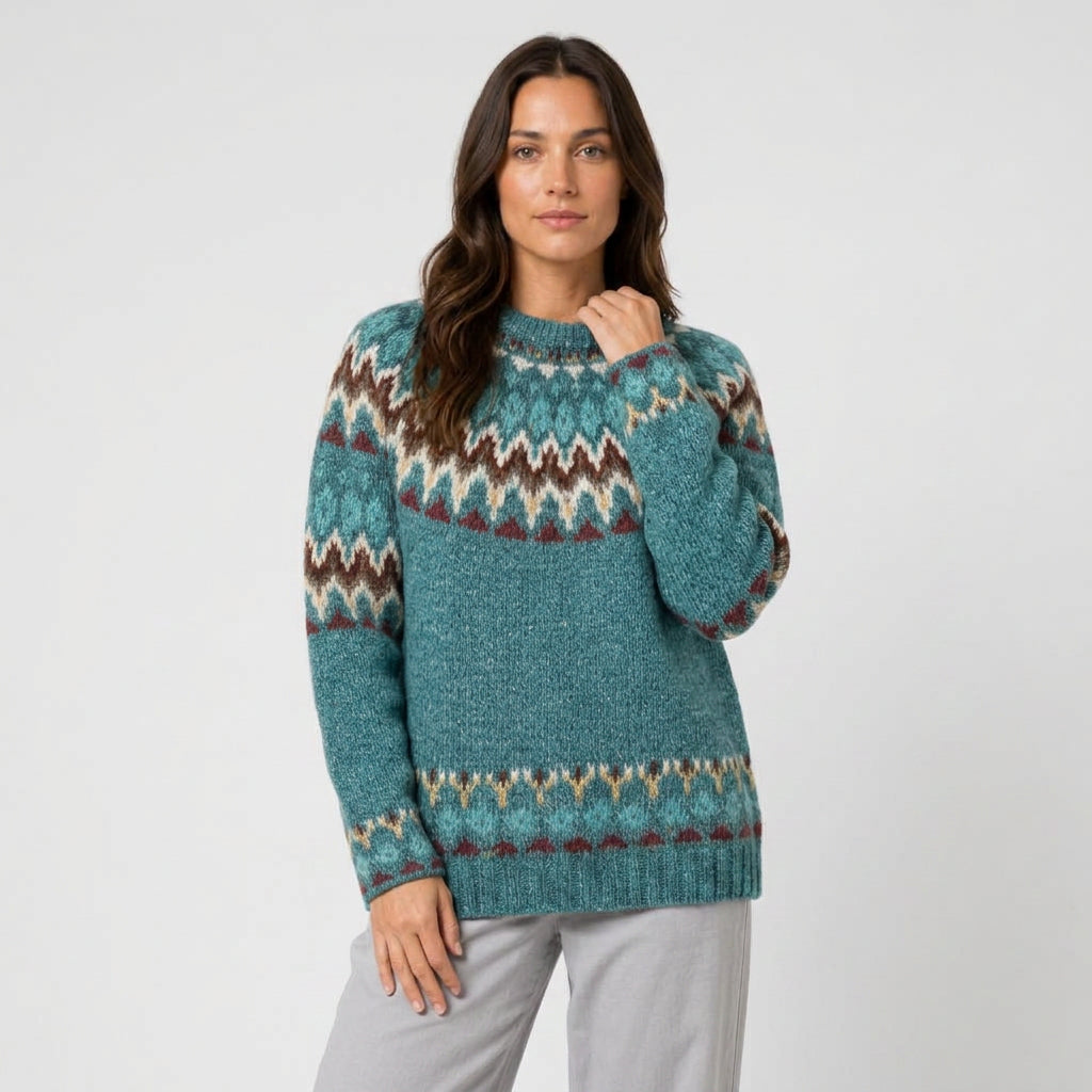Women's Fair Isle crew neck jumper in Teal | Hinderclay – front view