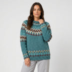 Women's Fair Isle crew neck jumper in Teal | Hinderclay – front view