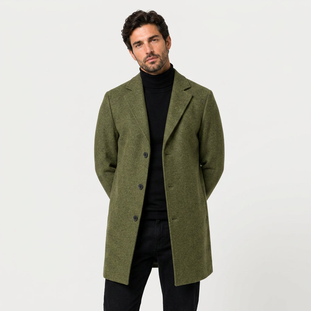 Men's Single-Breasted Overcoat in Olive | Tebay – front view
