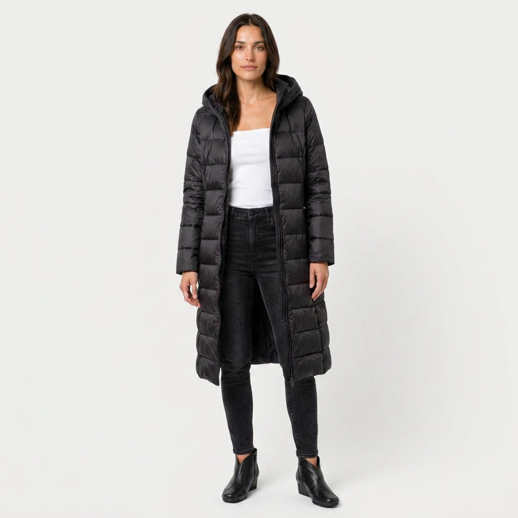 Women's Longline Puffer Coat in Black | Idbury – front view