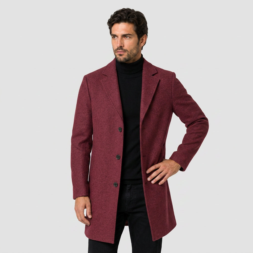 Men's Single-Breasted Overcoat in Burgundy | Tebay – front view