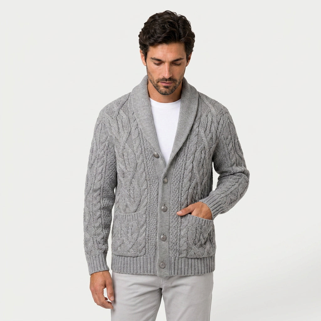 Men's shawl collar cable knit cardigan in Grey | Barnard – front view