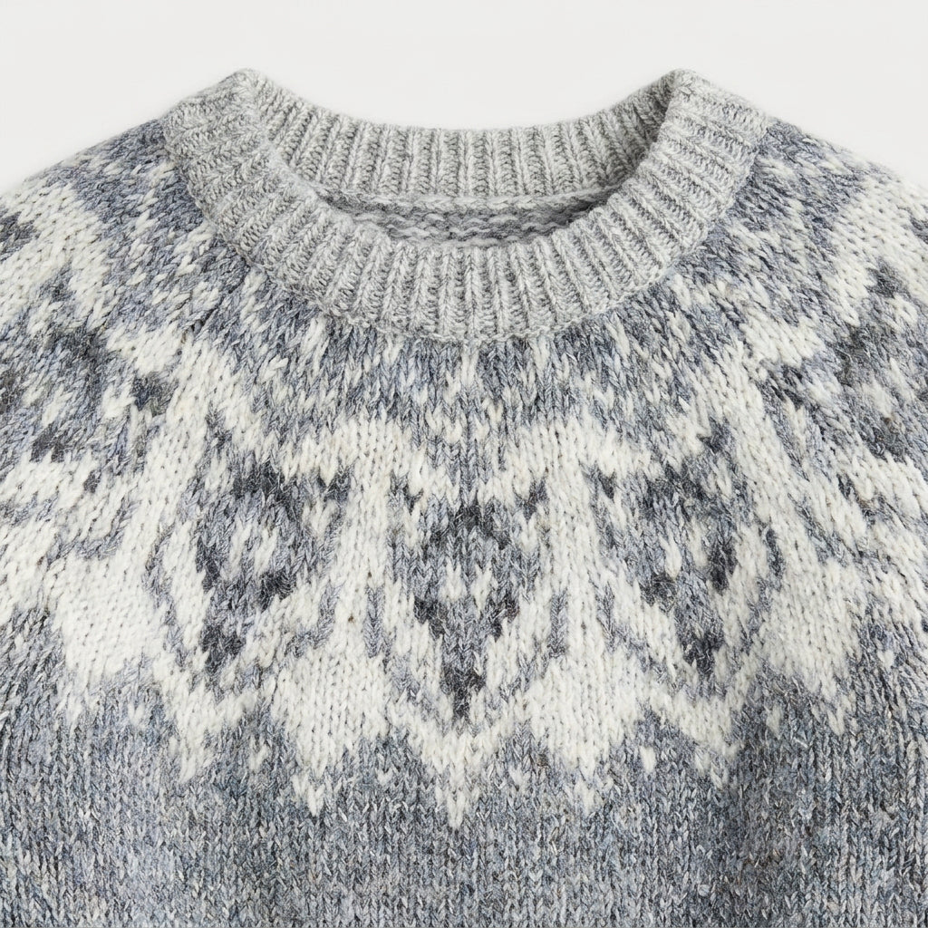 Women's Fair Isle crew neck jumper in Grey & White | Hinderclay – detail view