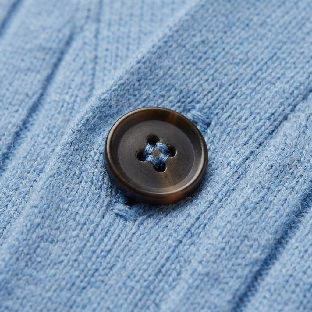 Men's ribbed V-neck cardigan in Light Blue | Owlpen – detail view