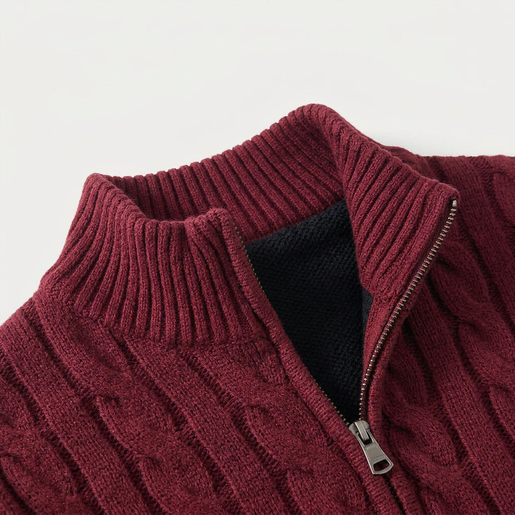 Men's cable knit quarter-zip jumper in Burgundy | Ombersley – detail view