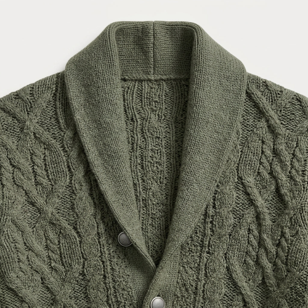 Men's shawl collar cable knit cardigan in Olive Green | Barnard – detail view