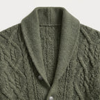 Men's shawl collar cable knit cardigan in Olive Green | Barnard – detail view