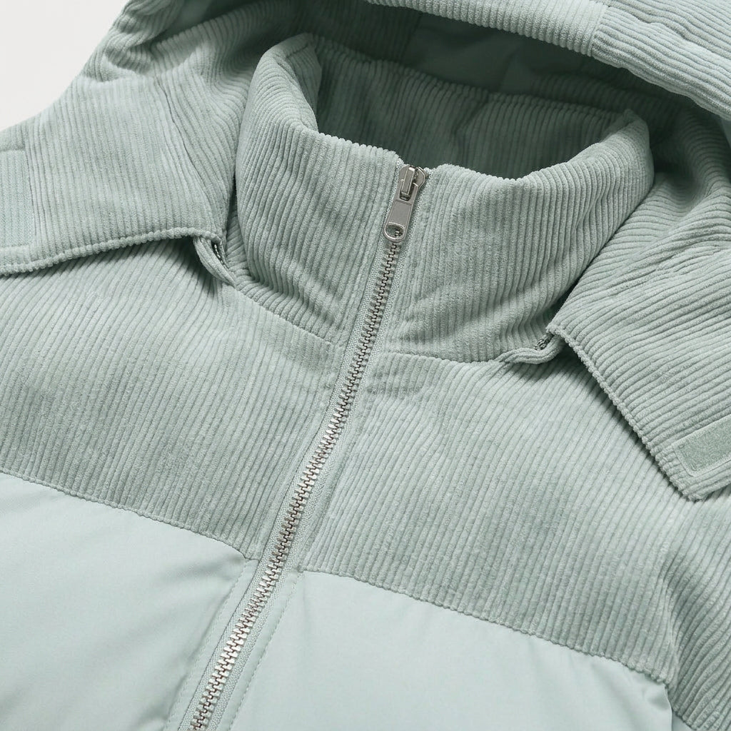 Men's corduroy hooded puffer jacket in Duck Egg | Ousby – detail view