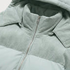 Men's corduroy hooded puffer jacket in Duck Egg | Ousby – detail view