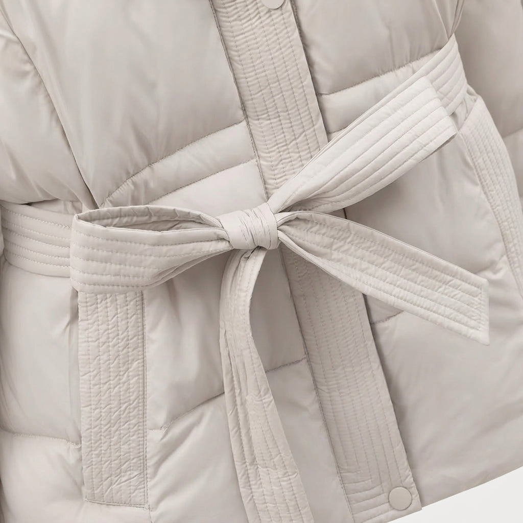 Women's belted puffer jacket in Ivory | Ardeley – detail view