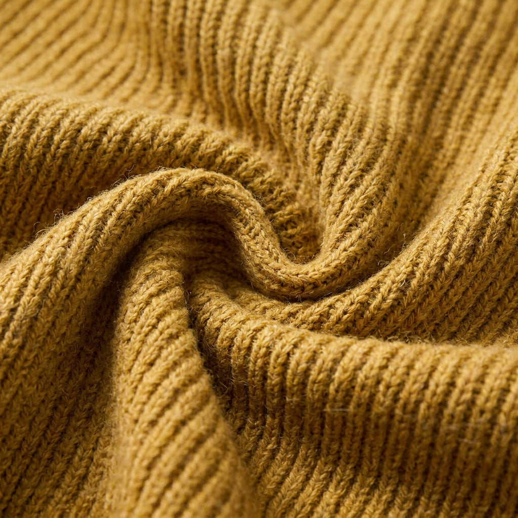 Women's Ribbed V-Neck Jumper in Mustard | Glaisdale – detail view