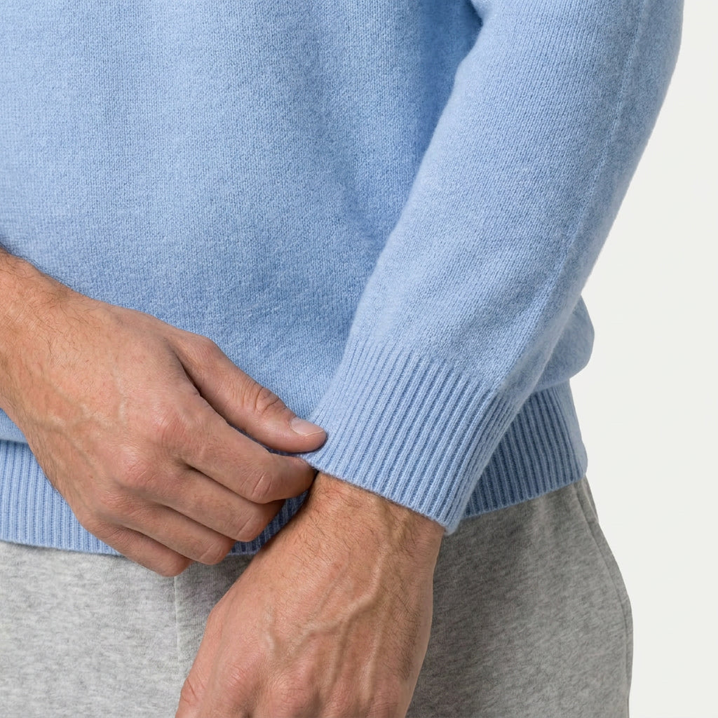 Men's roll neck jumper in Light Blue | Wambrook – detail view