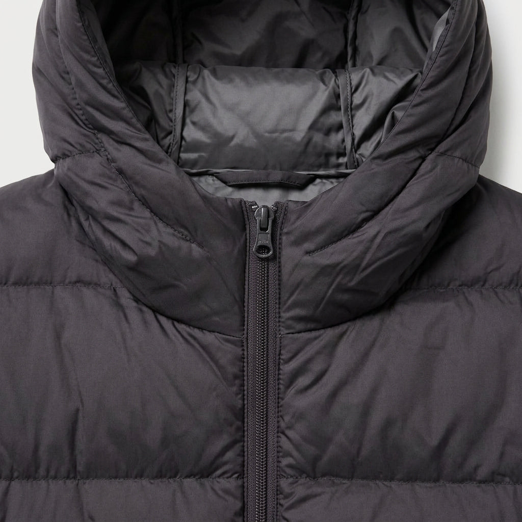 Women's Longline Puffer Coat in Black | Idbury – detail view