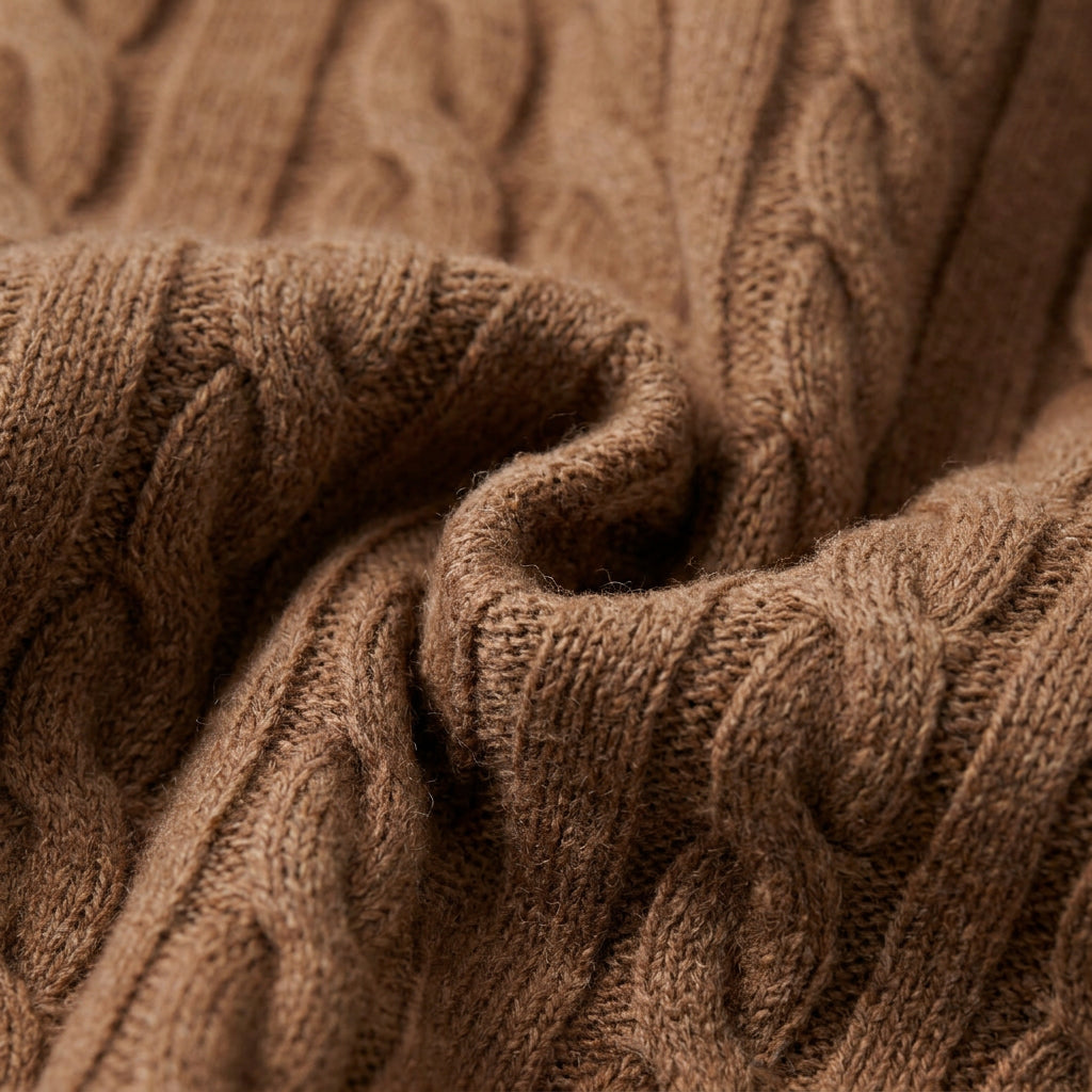 Men's cable knit crew neck jumper in Camel | Portsoy – detail view