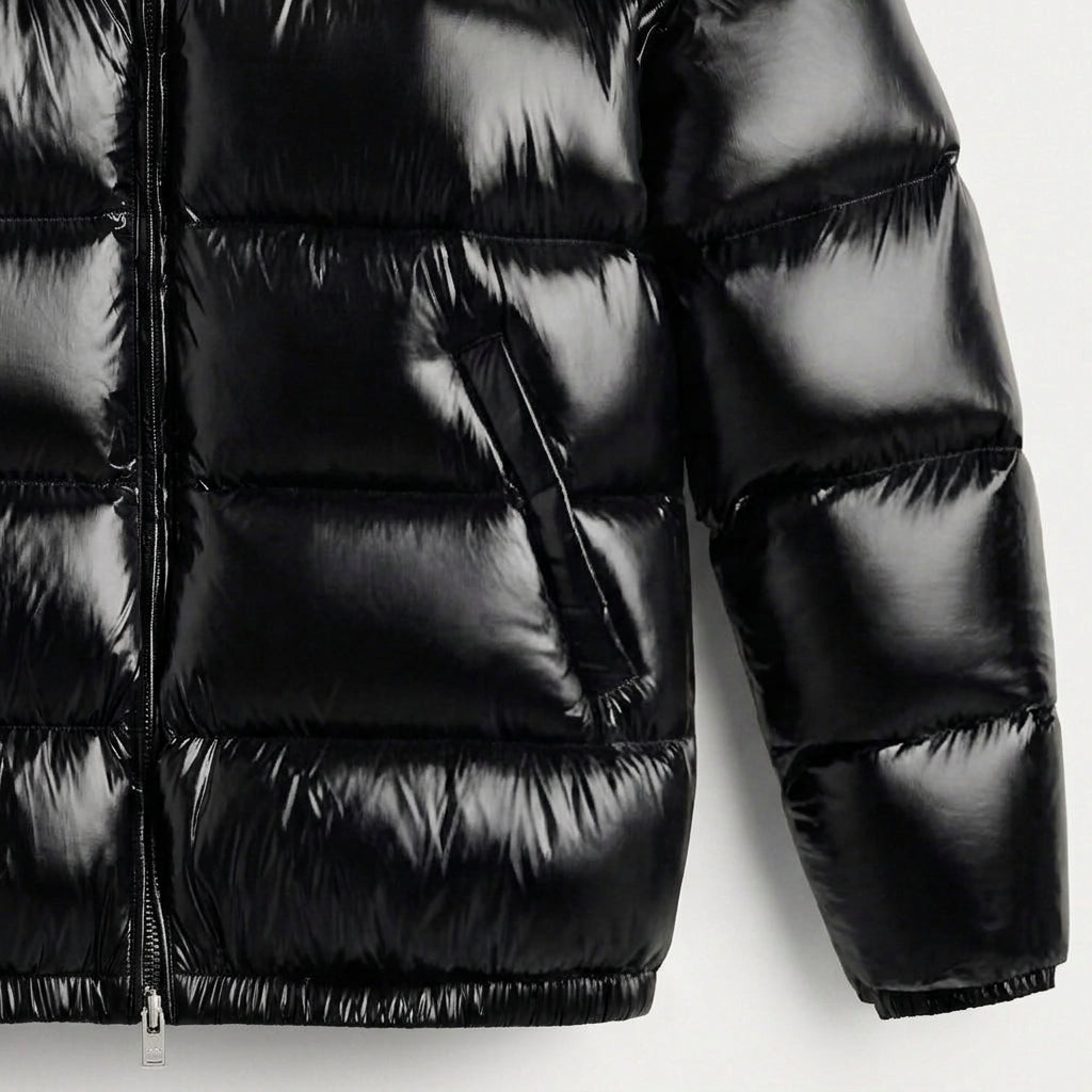 Men's high-shine hooded puffer jacket in Black | Raskelf – detail view