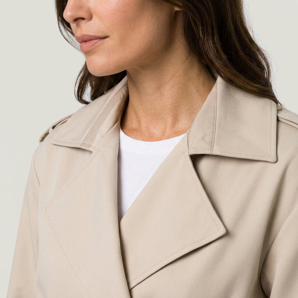 Women's short trench coat in Cream | Abbotsbury – detail view