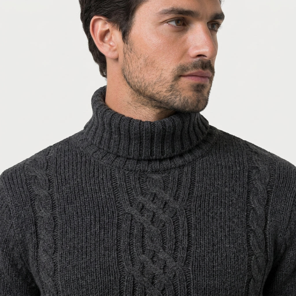 Men's cable knit roll neck jumper in Black | Nettleden – detail view