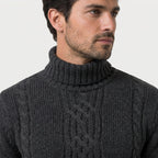 Men's cable knit roll neck jumper in Black | Nettleden – detail view