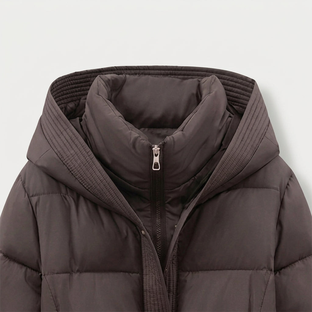 Women's belted puffer jacket in Dark Brown | Ardeley – detail view