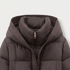 Women's belted puffer jacket in Dark Brown | Ardeley – detail view