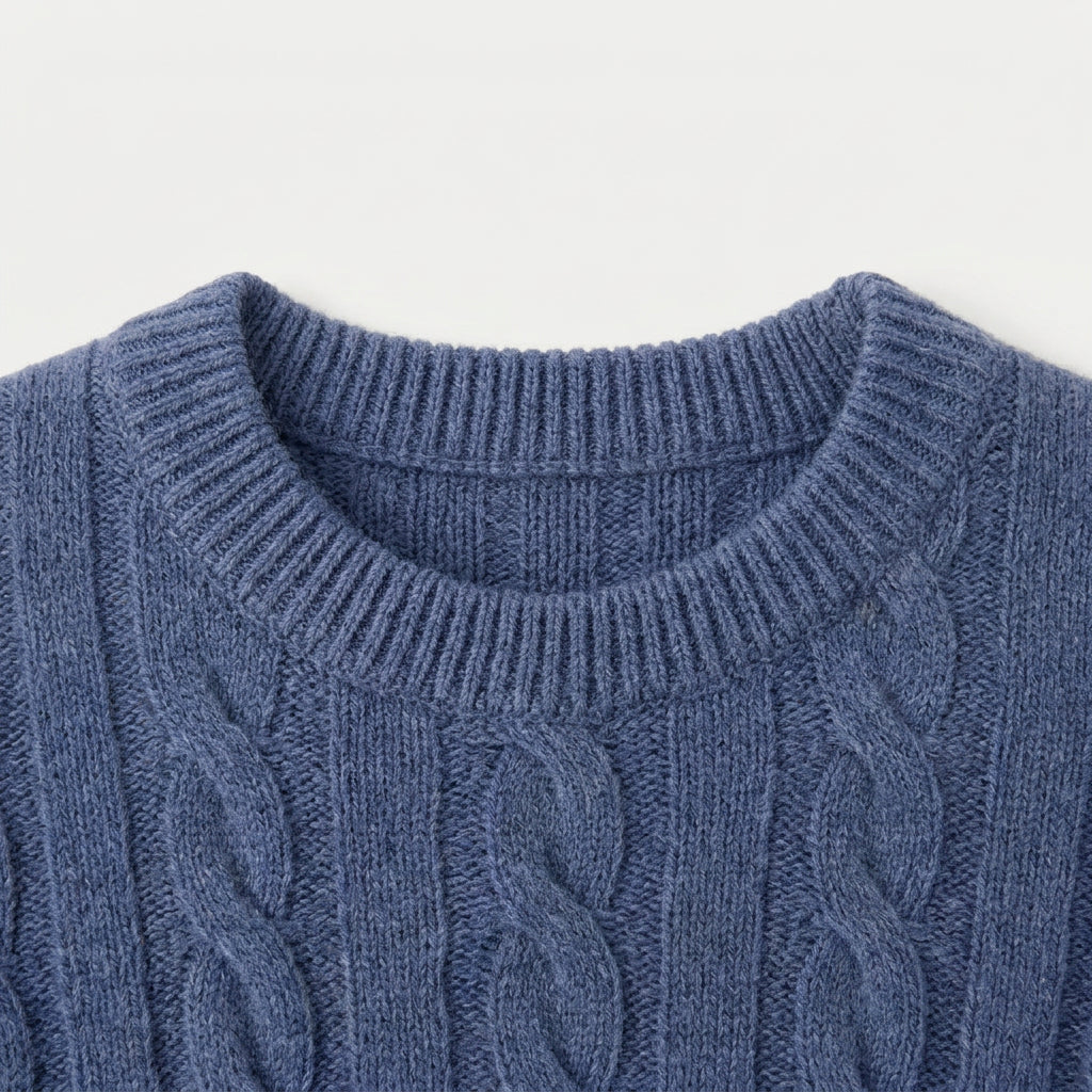 Men's cable knit crew neck jumper in Blue | Portsoy – detail view