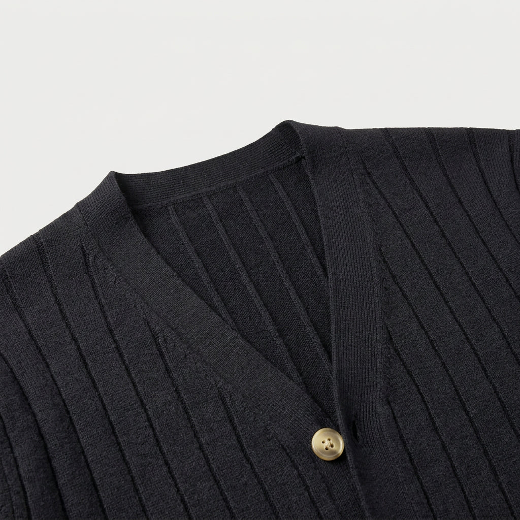 Men's ribbed V-neck cardigan in Black | Owlpen – detail view